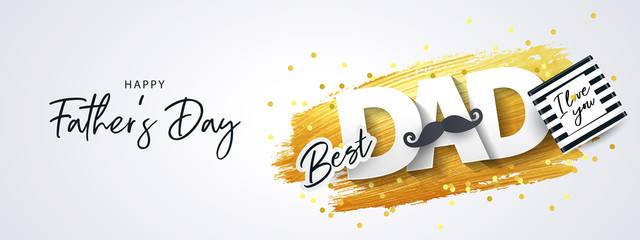Happy Fathers Day greeting card. Holiday illustration with gift box, sparkling confetti and texture of golden brush strokes on a white background. Father’s day poster design, social and fashion ads