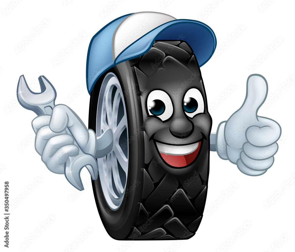 Canvas Prints A tyre cartoon car mechanic service mascot holding a spanner and giving a thumbs up