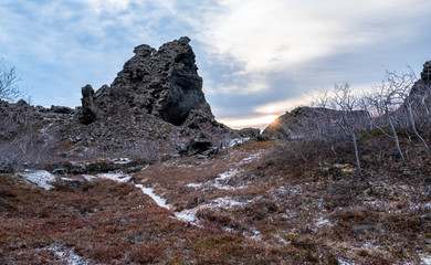 Landscape in Dimmuborgir, Iceland, Dimmuborgir in Iceland is a wide area of extraordinarily molded...