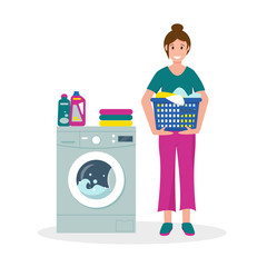 Woman with dirty clothes and washing machine.