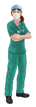 A Female Doctor Or Nurse Woman Medical Healthcare Professional In Scrubs Uniform Character With Arms Folded And Serious But Caring Look. Wearing Face Mask PPE