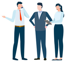 Employees or office workers, men and woman, teamwork vector. Work process and co-working or cooperation, international business and entrepreneurship