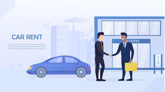 A man rents a car in a rent center. Landing Page. Mobile app. Car Rent. Lease Contract. Rent with Driver one Direction. GPS and Wi-Fi. Car Insurance. Modern Rental Station. Flat Vector Illustration