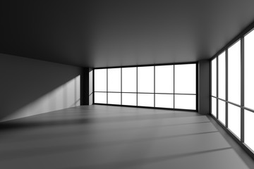 Empty black office business room with sunlight from large window