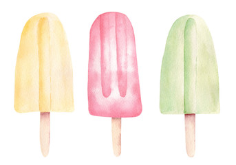 Watercolor fruit popsicles ice cream clipart isolated on white background. Summer food graphic elements.