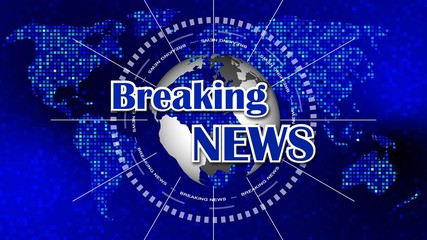 BREAKING NEWS lettering in front of the earth globe and representation in a ring banner - stylized world map made of blue square elements as background - 3D illustration