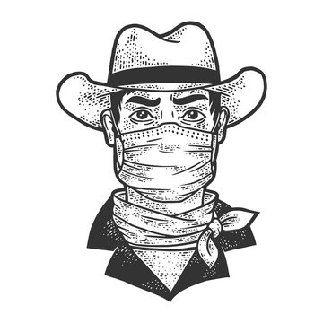 gangster cowboy in medical mask sketch engraving vector illustration. T-shirt apparel print design. Scratch board imitation. Black and white hand drawn image.