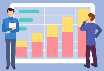 Board big screen with infochart vector, man in thoughts and assistant holding documents. Scheme explanation of business stats and development of company