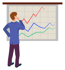 Man analyzing sales on graphs and charts, join to our team concept. Vector male cartoon character back view looking at statistics data, work in team and cooperation
