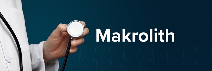 Makrolith. Arzt (isoliert) hält Stethoskop in Hand. Begriff steht daneben. Ausschnitt vor blauem Hintergrund mit EKG. Medizin, Gesundheitswesen