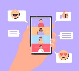 Video conference. Online meeting friends. Hand holds smartphone with app interface for online communication. People talking online. Vector illustration