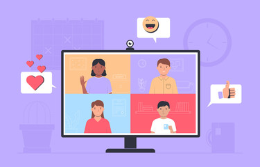 Video conference. Online meeting friends. Monitor with app interface for online communication. People talking online. Vector illustration