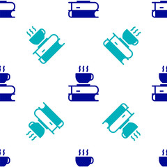 Blue Coffee cup and book icon isolated seamless pattern on white background. Tea cup. Hot drink coffee. Vector