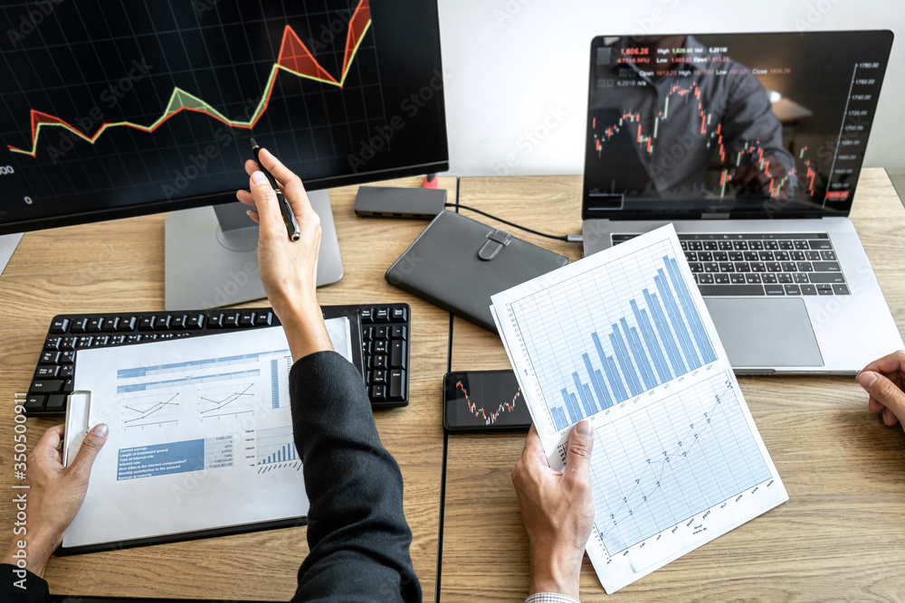 Poster business team investment working with computer, planning and analyzing graph stock market trading wi