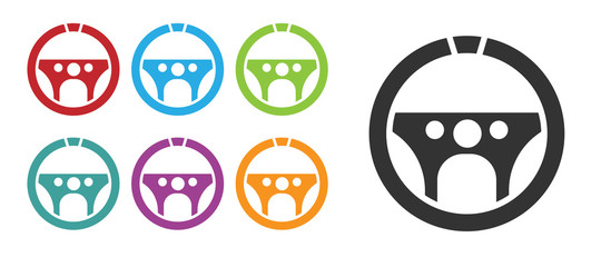 Black Steering wheel icon isolated on white background. Car wheel icon. Set icons colorful. Vector