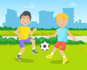 Classmates playing on green ground, pupils activity outdoor. Boys kicking ball, building view, children education, soccer player, school symbol vector