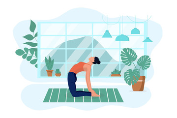 The girl practices yoga in the living room on the rug at home. He does exercises and meditates. Isolated white background. The concept of interior design and a healthy lifestyle. Vector illustration