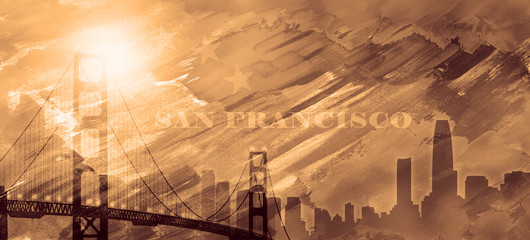 American National Holiday. San Francisco California Golden Gate Bridge and skyline on watercolor background.