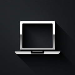 Silver Laptop icon isolated on black background. Computer notebook with empty screen sign. Long shadow style. Vector