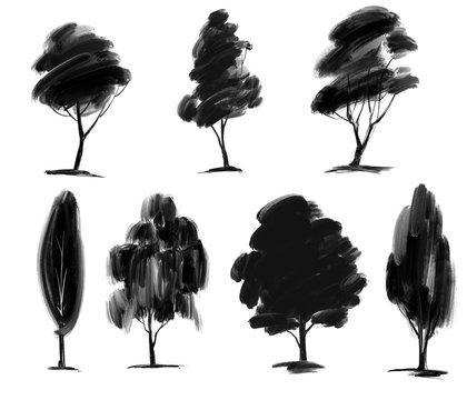 Tree set floral elements, nature, hand drawn sketch art illustration painted with watercolors isolated on white background