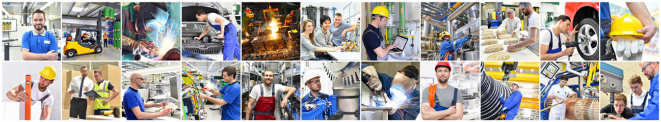 Arbeitsplatz Industrie und Handwerk - Personen und Berufsausbildung - Collage mit verschiedenen...