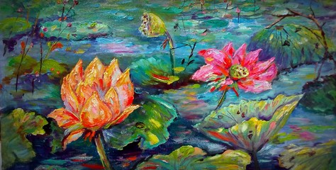 oil painting  lotus  flower in garden , ornamental