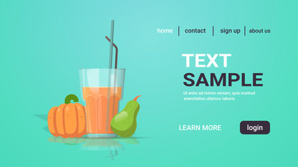 glass of fresh pumpkin juice with straw and whole vegetables copy space horizontal vector illustration