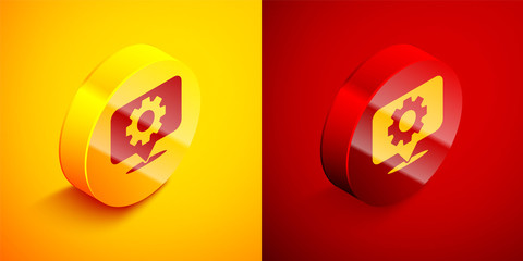 Isometric Location with gear icon isolated on orange and red background. Circle button. Vector