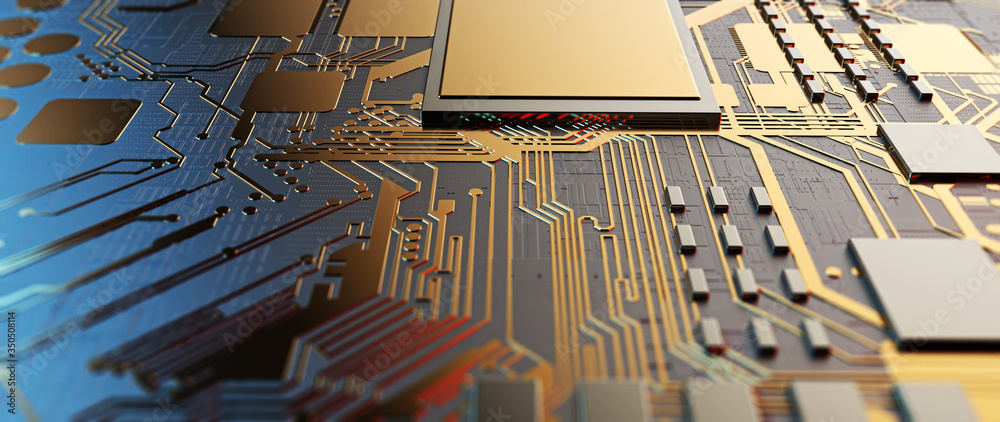 Poster Printed circuit board futuristic server/Circuit board futuristic server code processing. Orange,  green, blue technology background with bokeh