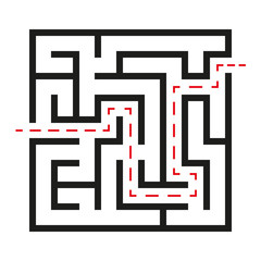 Black square vector maze with solution isolated on white background. Black labyrinth with one right way. Vector maze icon. Labyrinth symbol. Kids puzzle