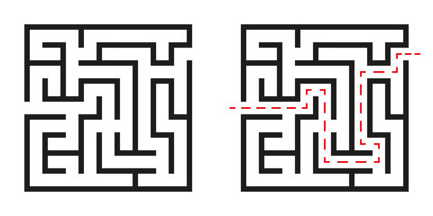 Black square vector maze and solution isolated on white background. Black labyrinth with one way. Vector maze icon. Labyrinth symbol. Kids puzzle with solution