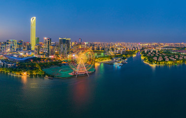 Fototapeta na wymiar Night view of Jinji Lake East CBD, Suzhou City, Jiangsu Province, China