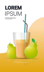 glass of fresh pear juice with straw and green fruits vertical copy space vector illustration