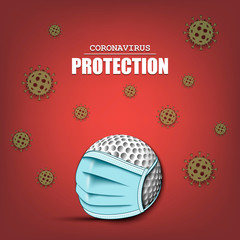 Golf ball with a protection mask and cells coronavirus bacteriums. Stop covid-19 outbreak. Caution risk disease 2019-nCoV. Cancellation of sports tournaments. Pattern design. Vector illustration