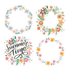 Green summer time letter flowers in modern style on colorful background. Greeting invitation vector illustration. Floral bouquet decoration. Decoration element.