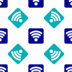 Blue Wi-Fi wireless internet network symbol icon isolated seamless pattern on white background. Vector