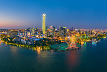 Obraz premium Night view of Jinji Lake East CBD, Suzhou City, Jiangsu Province, China