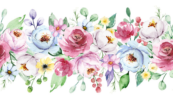 Repeat floral border with flowers, watercolor painting, peonies bouquet for greeting card, invitation, poster, wedding decoration and other printing images. Illustration isolated on white.