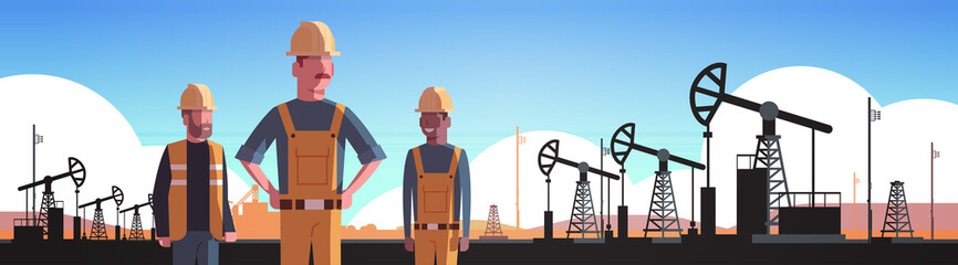 workers in orange uniform working on oil drilling rig pumpjack petroleum production trade oil industry concept portrait horizontal vector illustration