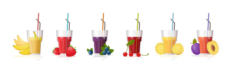 set glasses of fresh juice with straw sliced fruits and berries collection isolated on white background horizontal vector illustration