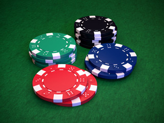 Stack of poker chips in different colors on a green background, 3D render