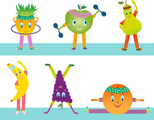 Vector sports fruits on a white background. Funny fruits go in for sports. Pineapple, apple, pear, banana, grape, orange.