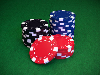 Stack of poker chips in different colors on a green background, 3D render