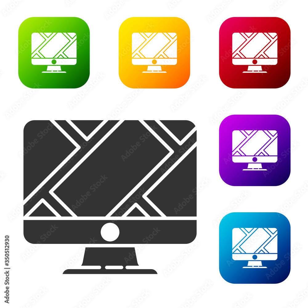Fototapete black computer monitor and folded map with location marker icon isolated on white background. set ic