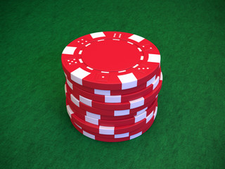 Stack of red poker chips on a green background, 3D render