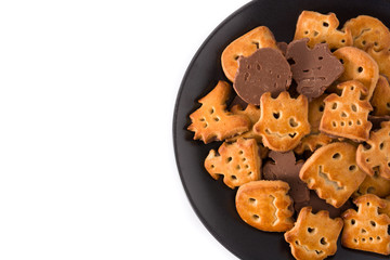 Funny Halloween cookies isolated on white background. Top view. Copy space