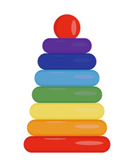 Icon of a children's educational toy isolated on white background. Pyramid of colored rings for children