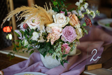wedding bouquet on the table in the restaurant