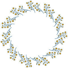 Round frame for text of blue-yellow abstract flower branch with blooming buds and leaves on a white background. Cute scandinavian style. Spring and summer isolated template. Hand drawing. Vector.