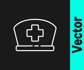 Obraz premium White line Nurse hat with cross icon isolated on black background. Medical nurse cap sign. Vector